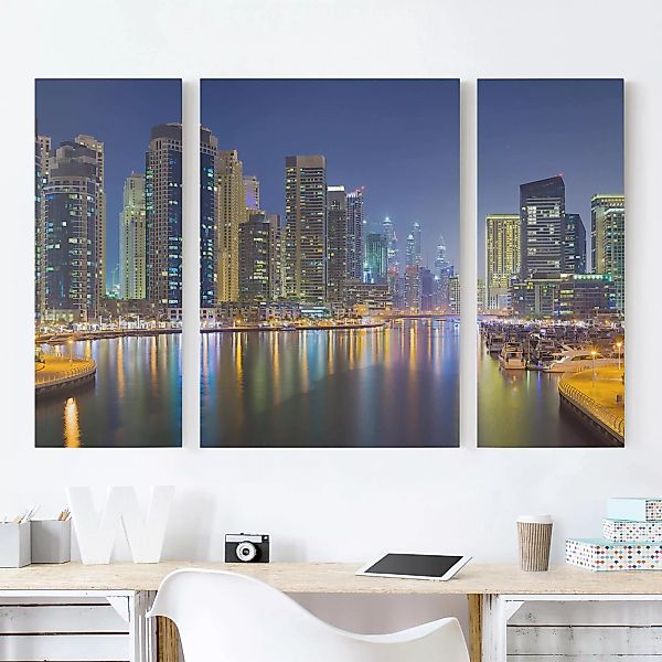 3-teiliges Leinwandbild Architektur & Skyline - Querformat Dubai Nacht Skyl günstig online kaufen
