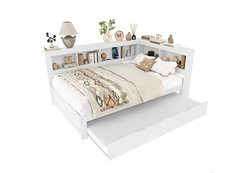 SOFTWEARY Jugendbett mit Lattenrost und Regal (Gästebett, USB Anschlüssen u günstig online kaufen