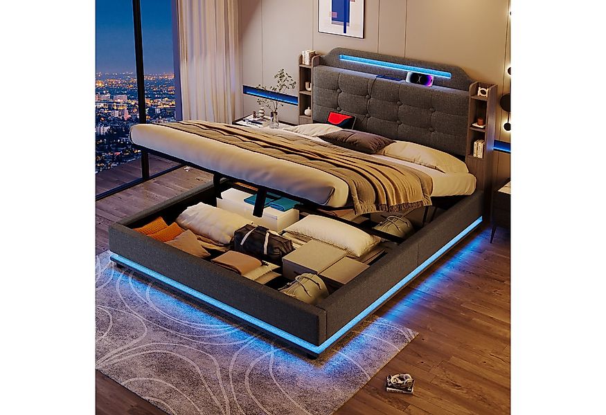 Ulife Polsterbett Hydraulisches Stauraumbett, Jugendbett mit LED-Lichtleist günstig online kaufen