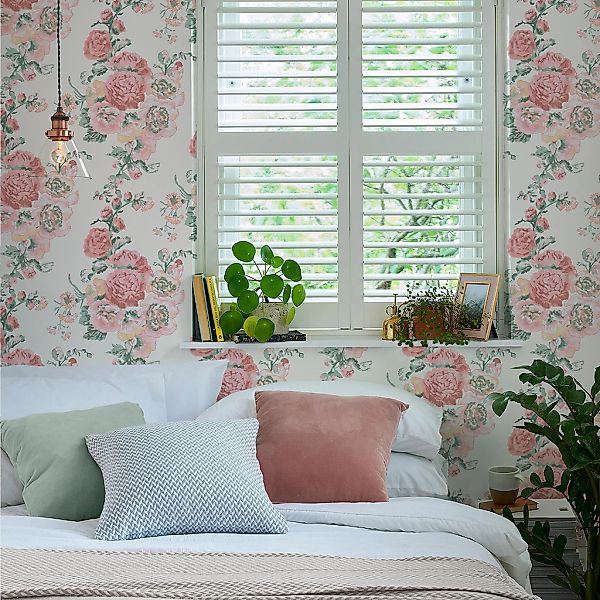 Laura Ashley Vliestapete Hollyhocks Coral Pink Rosa FSC® günstig online kaufen