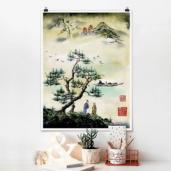 Poster Japanische Aquarell Zeichnung Kiefer und Bergdorf günstig online kaufen