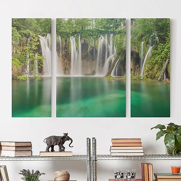 3-teiliges Leinwandbild Natur & Landschaft - Querformat Wasserfall Plitvice günstig online kaufen