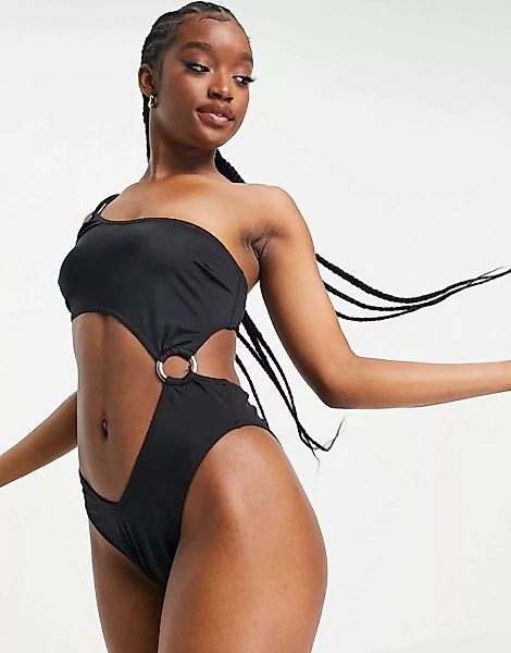 ASOS DESIGN – Asymmetrisch geschnittener Badeanzug in Schwarz mit Zieraussc günstig online kaufen