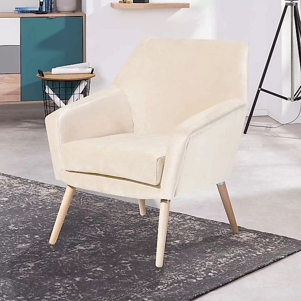 Cremefarbener Samtvelours Sessel im Retrostil Rücken echt bezogen günstig online kaufen