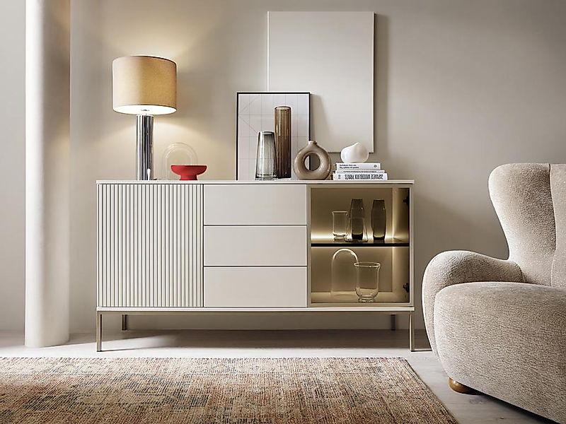 Vitrinenschrank - 2 Türen & 3 Schubladen - mit LED-Beleuchtung - MDF & Rauc günstig online kaufen