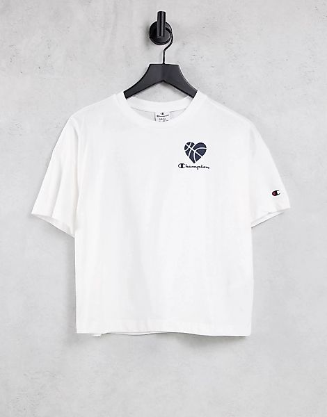 Champion – T-Shirt mit kurzem Schnitt und Herz-Print in Weiß günstig online kaufen