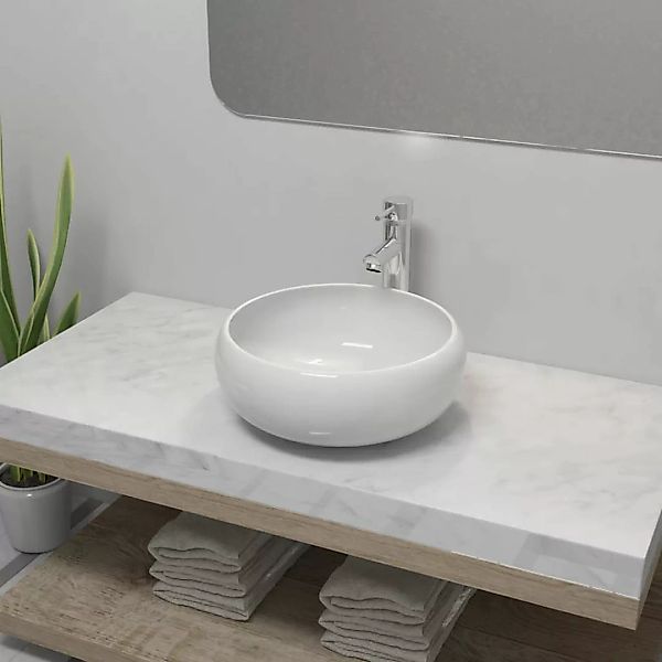 Bad-waschbecken Mit Mischbatterie Keramik Rund Weiß günstig online kaufen