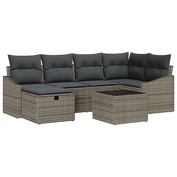 vidaXL Loungesofa 7-teiliges Garten-Sofaset mit Kissen Grau Poly-Rattan, 7 günstig online kaufen