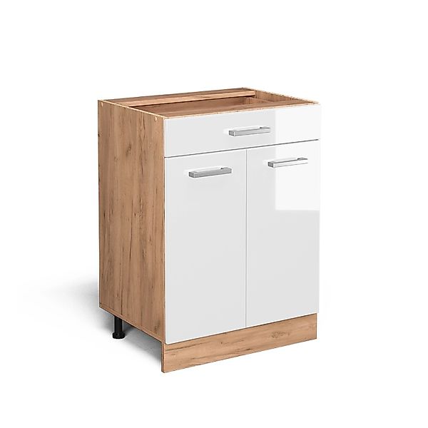 Vicco Küchenunterschrank R-Line Weiß Hochglanz/Goldkraft Eiche 60 cm mit Sc günstig online kaufen