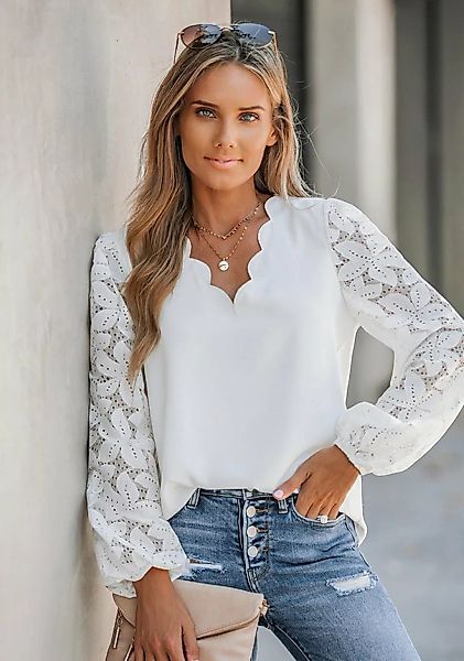 Cupshe Spitzenbluse V-Ausschnitt Bluse mit floraler Spitze mit Wellenschlif günstig online kaufen