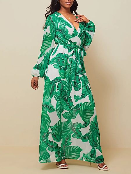 Tropisch bedruckter V-Ausschnitt Gürtel Langarm Maxi Kleid günstig online kaufen