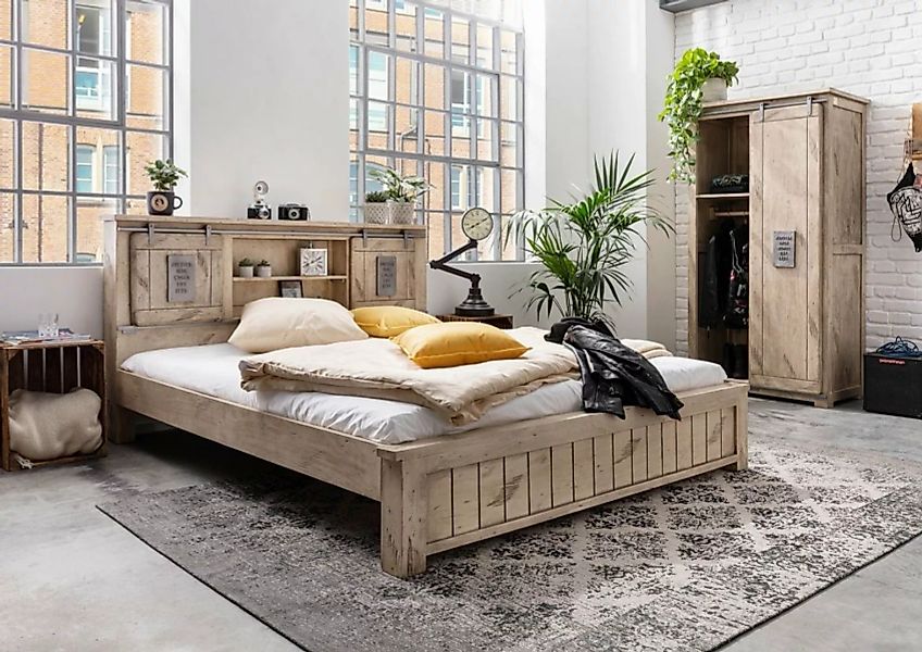 Massivmoebel24 Massivholzbett Bett Mango 160x200 whitewash lackiert RAILWAY günstig online kaufen