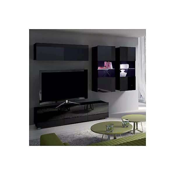 Wohnwand Set mit 2 beleuchteten Hängevitrinen in schwarz Hochglanz CAIRNS-1 günstig online kaufen