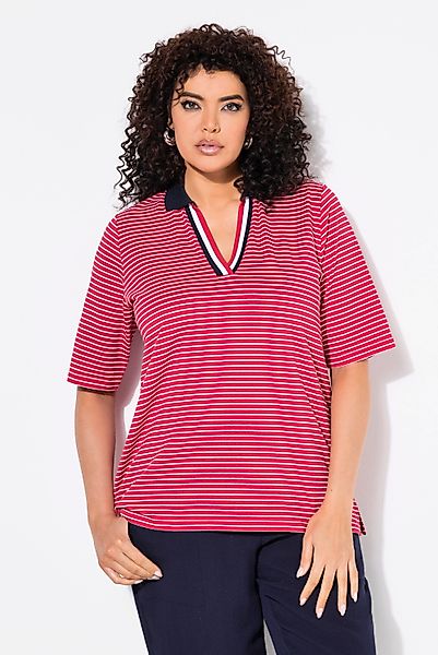 Ulla Popken T-Shirt Ringelshirt Polokragen V-Ausschnitt günstig online kaufen