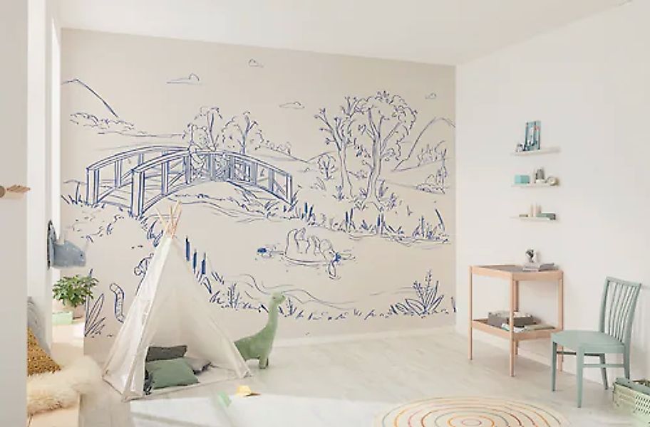 Komar Vlies Fototapete Disney Winnie the Pooh Blue Ink Beige-Blau günstig online kaufen