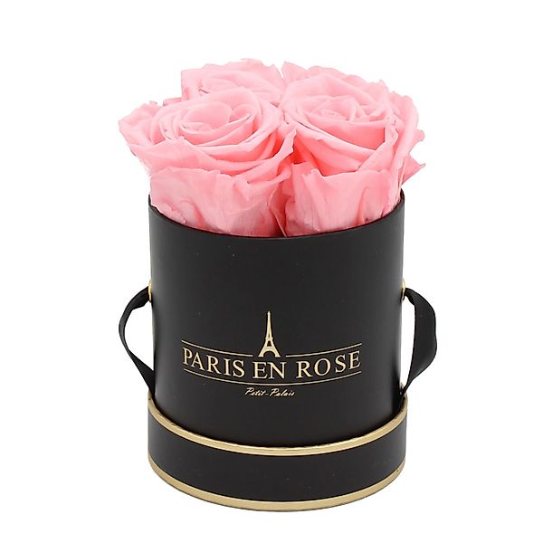 Rosenbox Ø 10 cm Schwarz-Gold mit 4 Rosa Rosen günstig online kaufen