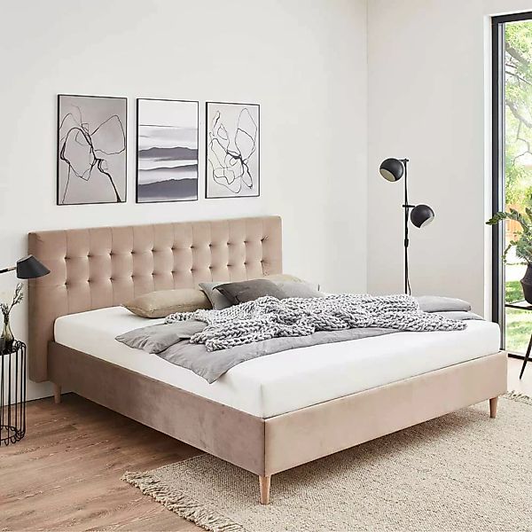 Polster Bett 140x200 cm in Taupe Samt Vierfußgestell aus Holz günstig online kaufen
