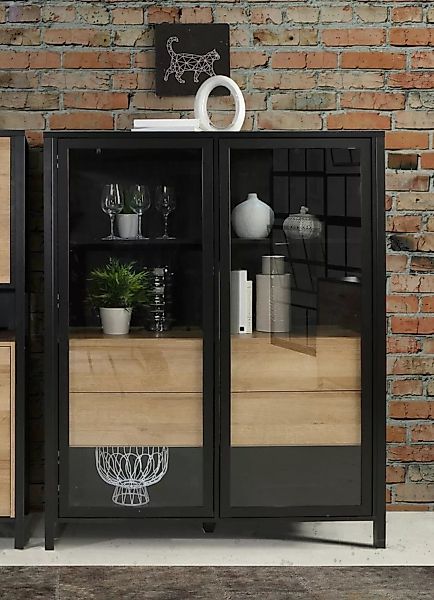 freiraum Vitrine HIGH ROCK in Schwarz / Riviera Eiche Dekor - 121,3x152,3x4 günstig online kaufen