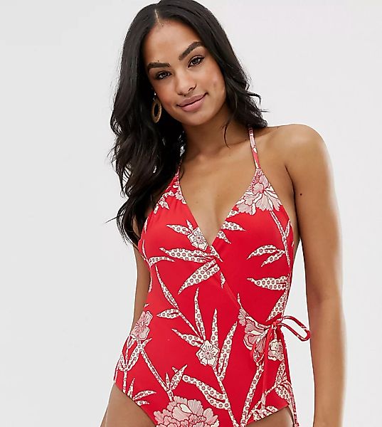 Warehouse – Badeanzug mit gewickelter Vorderseite und tropischem Muster-Rot günstig online kaufen