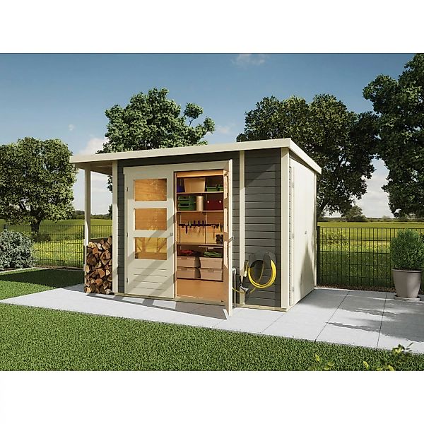 Karibu Gartenhaus Flexi 19 mm Pultdach Terragrau 4,42 m² günstig online kaufen