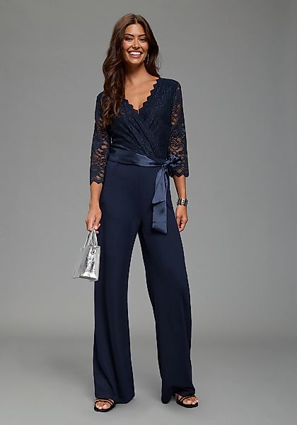 Laura Scott Jumpsuit mit Spitzenoberteil und Satin-Bindegürtel günstig online kaufen