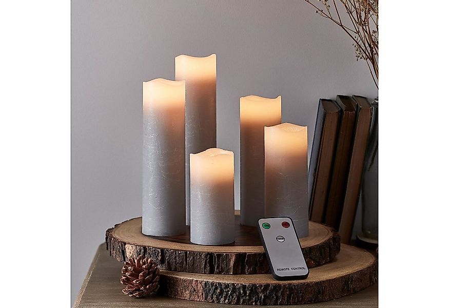 Lights4fun LED-Kerze 5er Set Stumpenkerzen Echtwachs grau mit Fernbedienung günstig online kaufen
