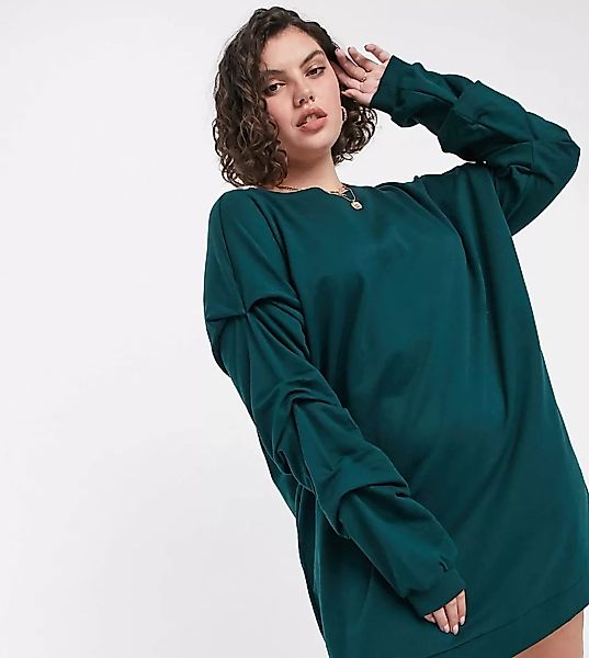 Noisy May – Curve – Dunkelgrünes Oversized-Sweatkleid mit Ärmeldetail-Grau günstig online kaufen