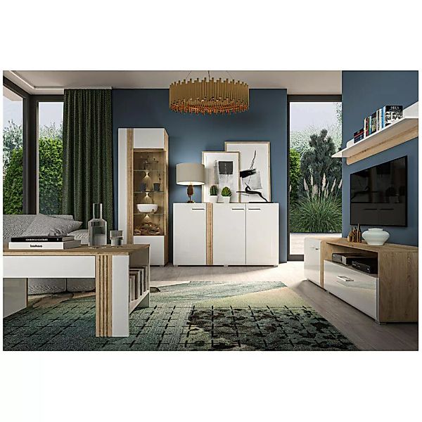 Modernes Wohnwand Set in Eiche Nb. AKRON-131 mit Fronten in weiß Hochglanz günstig online kaufen