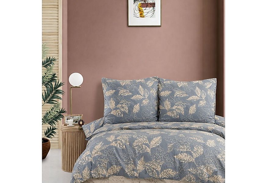 ZIRVEHOME Bettwäsche Baumwolle Bettbezug Graublau Beige Elegantes Blattmust günstig online kaufen