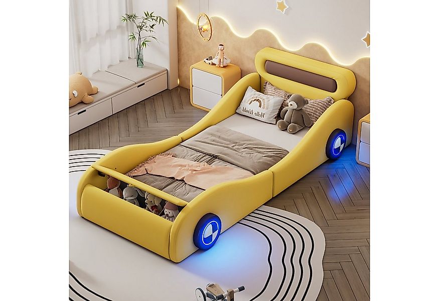 Flieks Polsterbett, Autobett Kinderbett mit leuchtenden Rädern und Stauraum günstig online kaufen