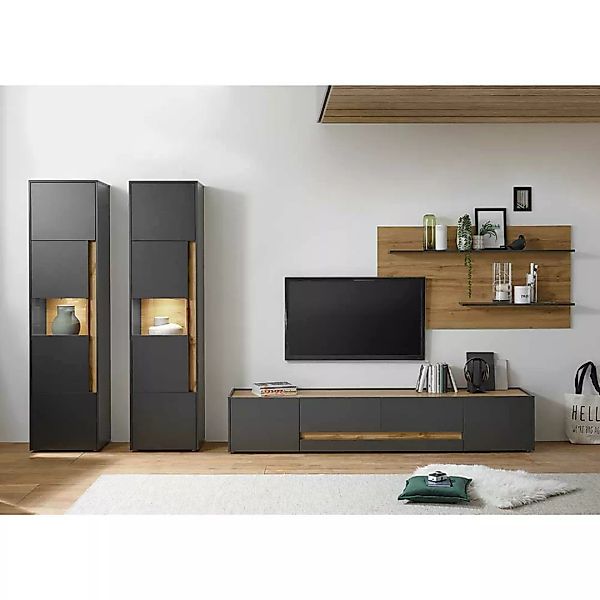 Moderne Wohnzimmerwand in Anthrazit und Wildeiche Optik 320 cm breit (viert günstig online kaufen