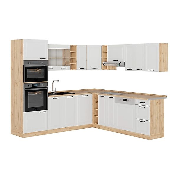 Vicco R-Line Eckküche Weiß Landhaus/Goldkraft Eiche 237 x 60 cm ohne Arbeit günstig online kaufen