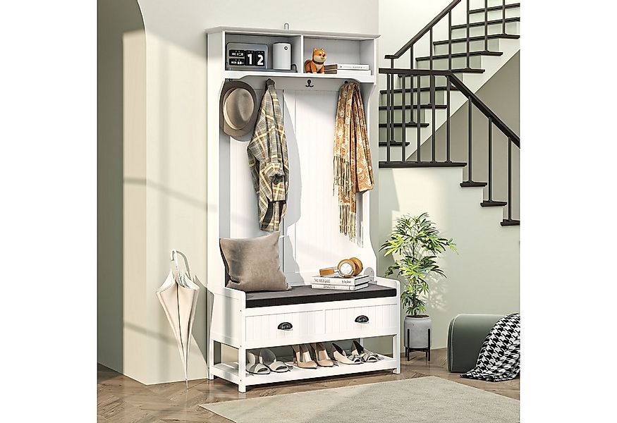 HOMCOM Garderobenständer 2-in-1, mit 4 Haken, Schuhbank und Ablagen, Kippsc günstig online kaufen