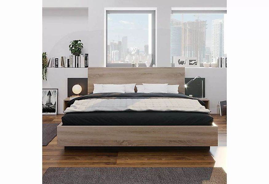 Fangqi Bettanlage 140x200cm / 160x200cm Doppelbett Holzbett mit 2 Nachtkomm günstig online kaufen
