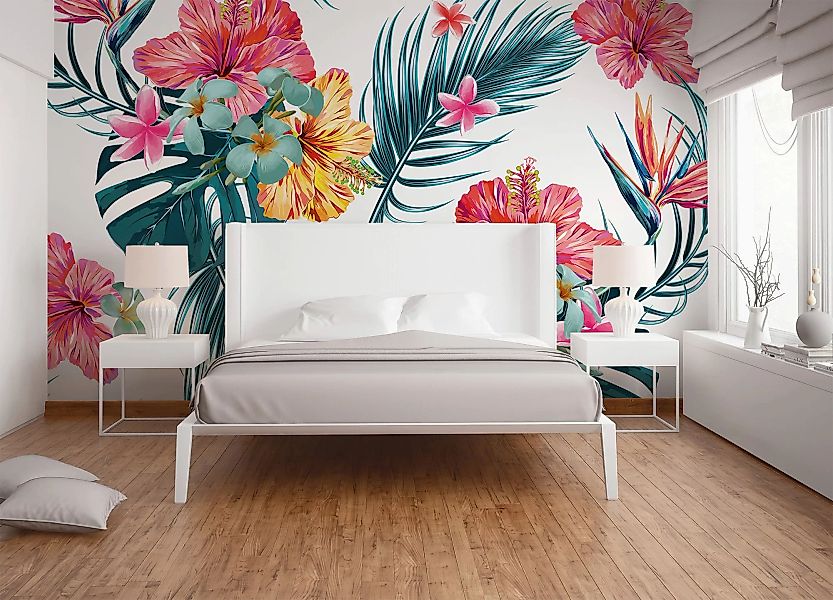 Fototapete Palmen Blumen Bunt Weiß Blau Rosa 3,50 m x 2,55 m FSC® günstig online kaufen