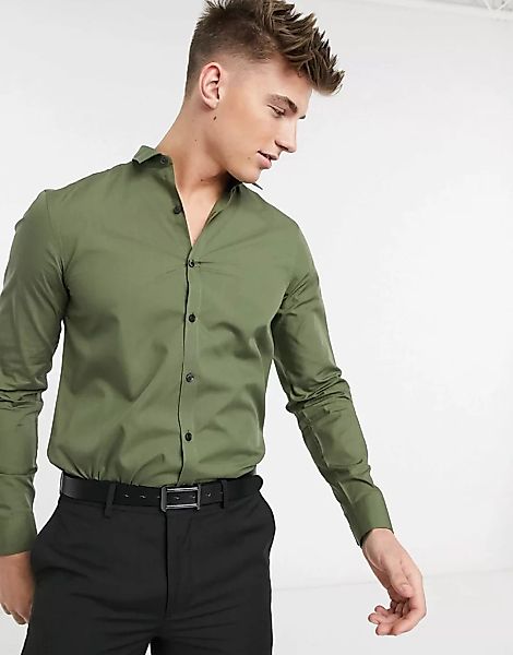 New Look – Langärmliges Popeline-Hemd in Khaki-Grün günstig online kaufen