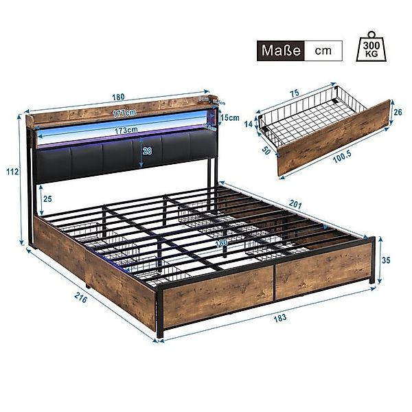 STILVORA Polsterbett 180×200 Jugendbett mit Stauraum,Bettgestell mit LED un günstig online kaufen