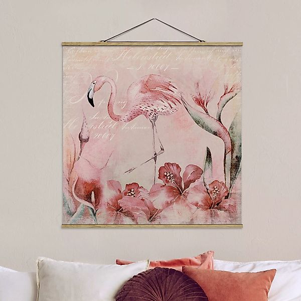 Stoffbild Blumen mit Posterleisten - Quadrat Shabby Chic Collage - Flamingo günstig online kaufen
