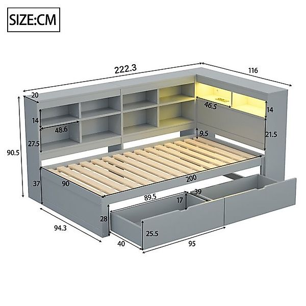 Flieks Massivholzbett, LED Einzelbett 90x200cm mit Stauraum, USB-Aufladen u günstig online kaufen