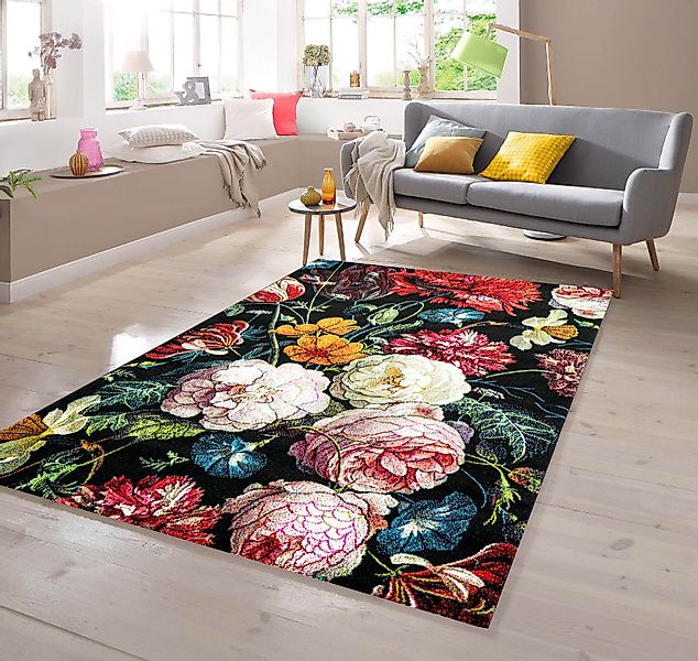 TeppichHome24 Teppich Teppich Blumenstrauß in schwarz, günstig online kaufen