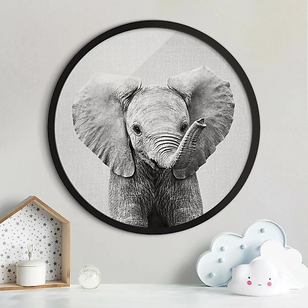 Rundes Gerahmtes Bild Baby Elefant Elsa Schwarz Weiß günstig online kaufen