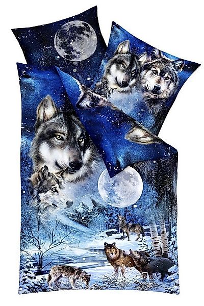 JACK Bettwäsche JACK by Kaeppel 135x200cm Wolf Wölfe Mond, Mako-Satin, 2 te günstig online kaufen