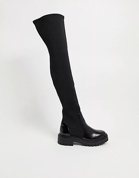 ASOS DESIGN – Keeley – Overknee-Stiefel mit breiter, flacher Sohle in Schwa günstig online kaufen