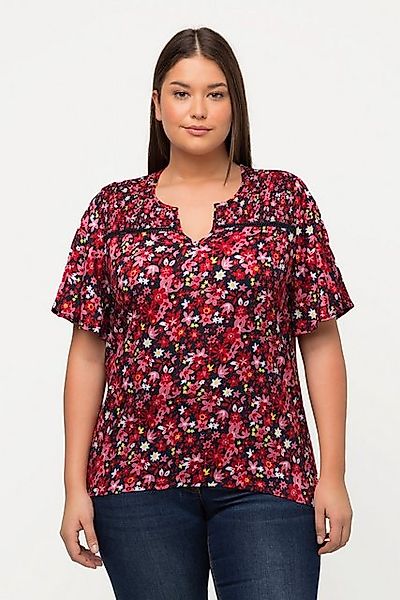 Ulla Popken Longbluse Smok-Bluse Blüten A-Linie Tunika-Ausschnitt günstig online kaufen