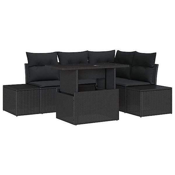 vidaXL Loungesofa 5-teiliges Gartensofa-Set mit Kissen Schwarz Poly Rattan, günstig online kaufen