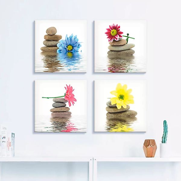 Artland Leinwandbild "Zen Therapie-Steine mit Blumen", Zen, (4 St.) günstig online kaufen