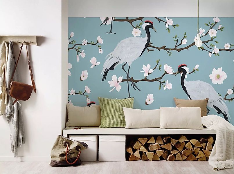 Fototapete Blumen Vögel Japan Kranich Weiß Blau 3,50 m x 2,55 m FSC® günstig online kaufen