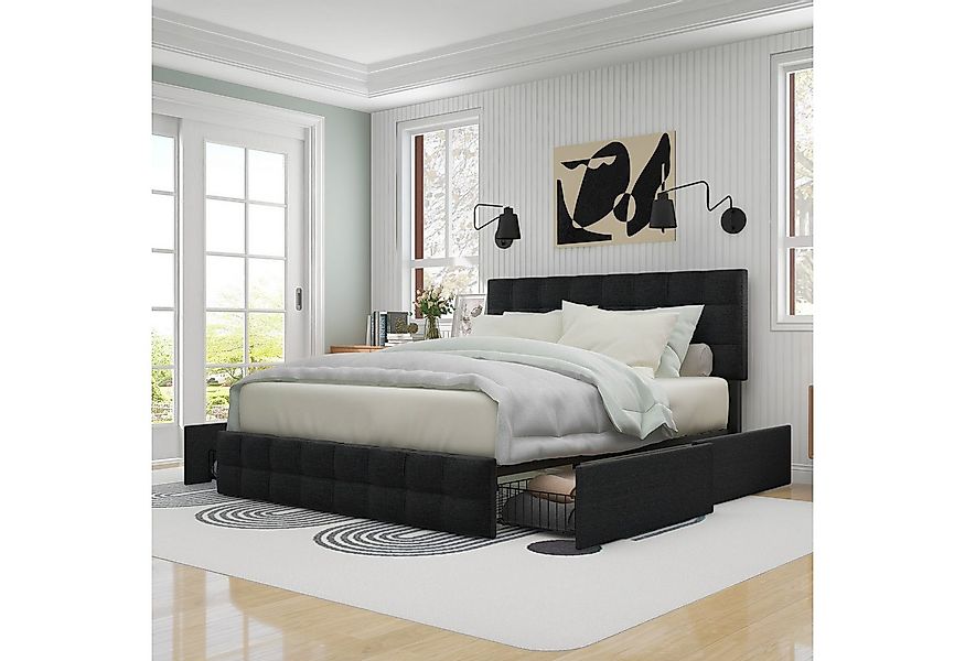 Odikalo Stauraumbett Polsterbett mit 4 Schubladen Doppelbett Leinen 140x200 günstig online kaufen