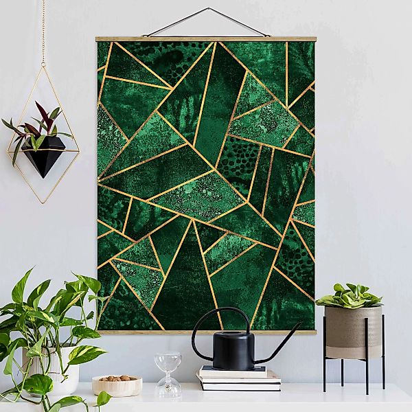 Stoffbild Abstrakt mit Posterleisten - Hochformat Dunkler Smaragd mit Gold günstig online kaufen