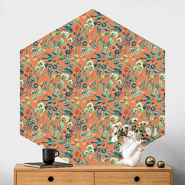 Hexagon Fototapete Indisches Muster Vögel mit Blumen Orange günstig online kaufen